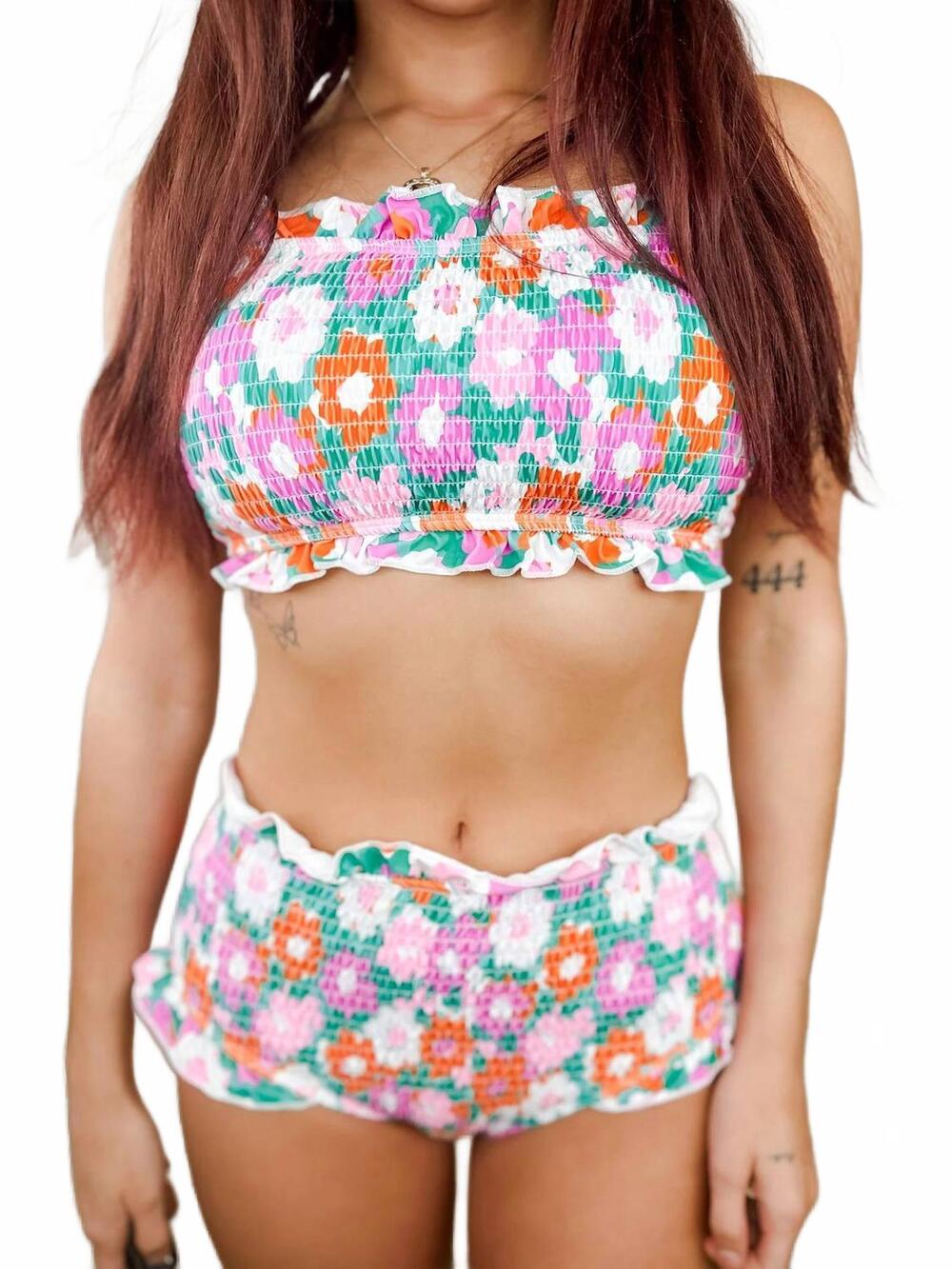 NEW BLAKELEY she's top shelf floral smocked two-piece swim set in multi